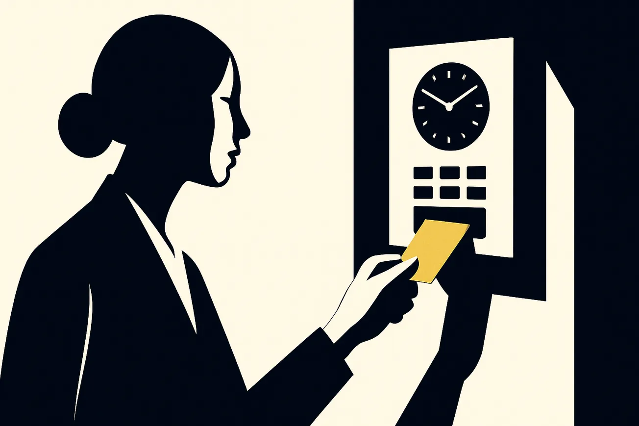 Employee punching into work using a time card.