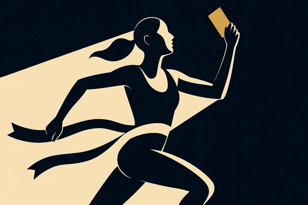 Woman crossing the finish line holding a golden ticket representing her trademark.