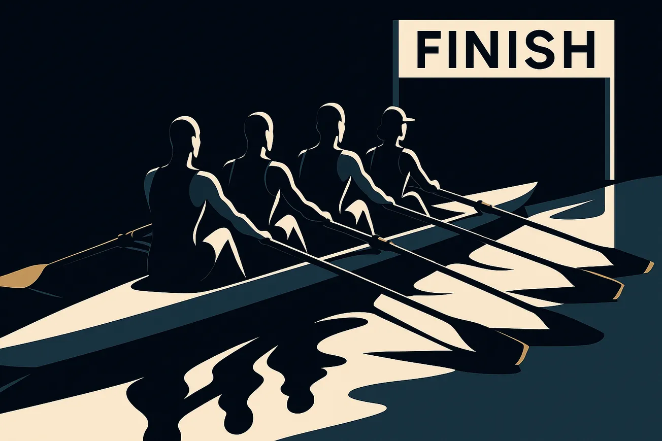 A rowing team working together to get things over the finish line.